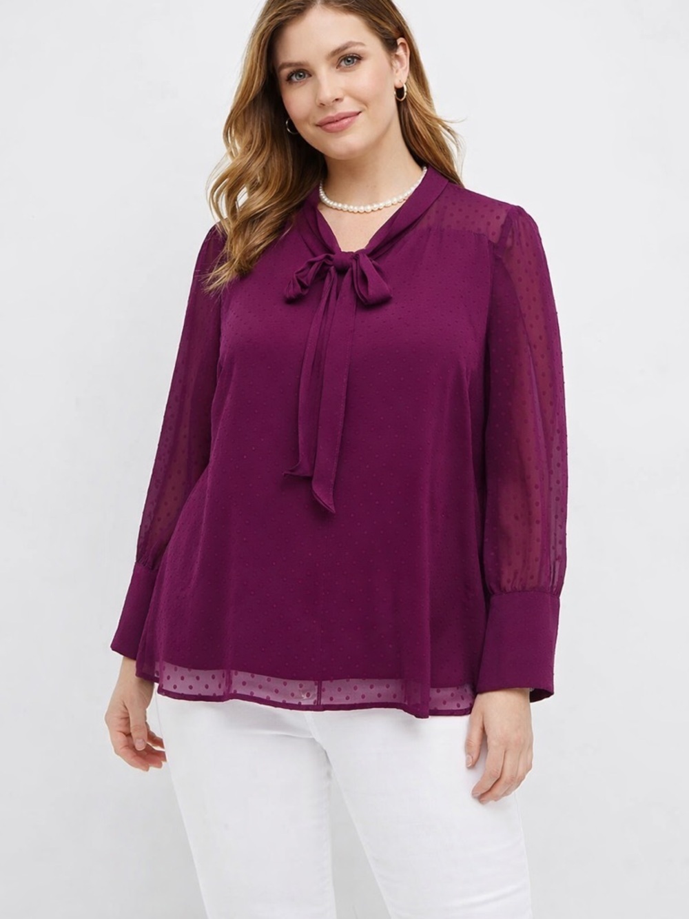Lane Bryant Plum Swiss Dot Tie-Neck Long Sheer Sleeve Blouse Size 14/16